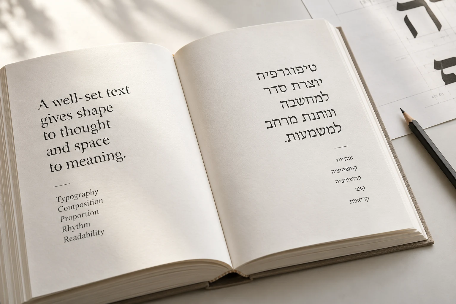 Open book and typography proofs — illustrative concept